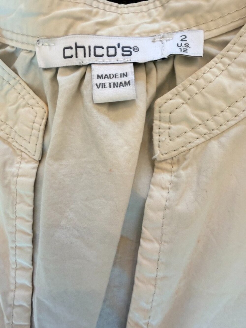 Chico's Sand Beige 100% Cotton Puff Sleeve V-Neck Blouse Top 2 L 12 - Picture 4 of 8